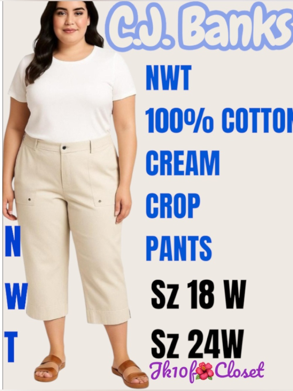 LOWEST🌺NWT CJ Banks Cream 100% Cotton Capri Crop Pants